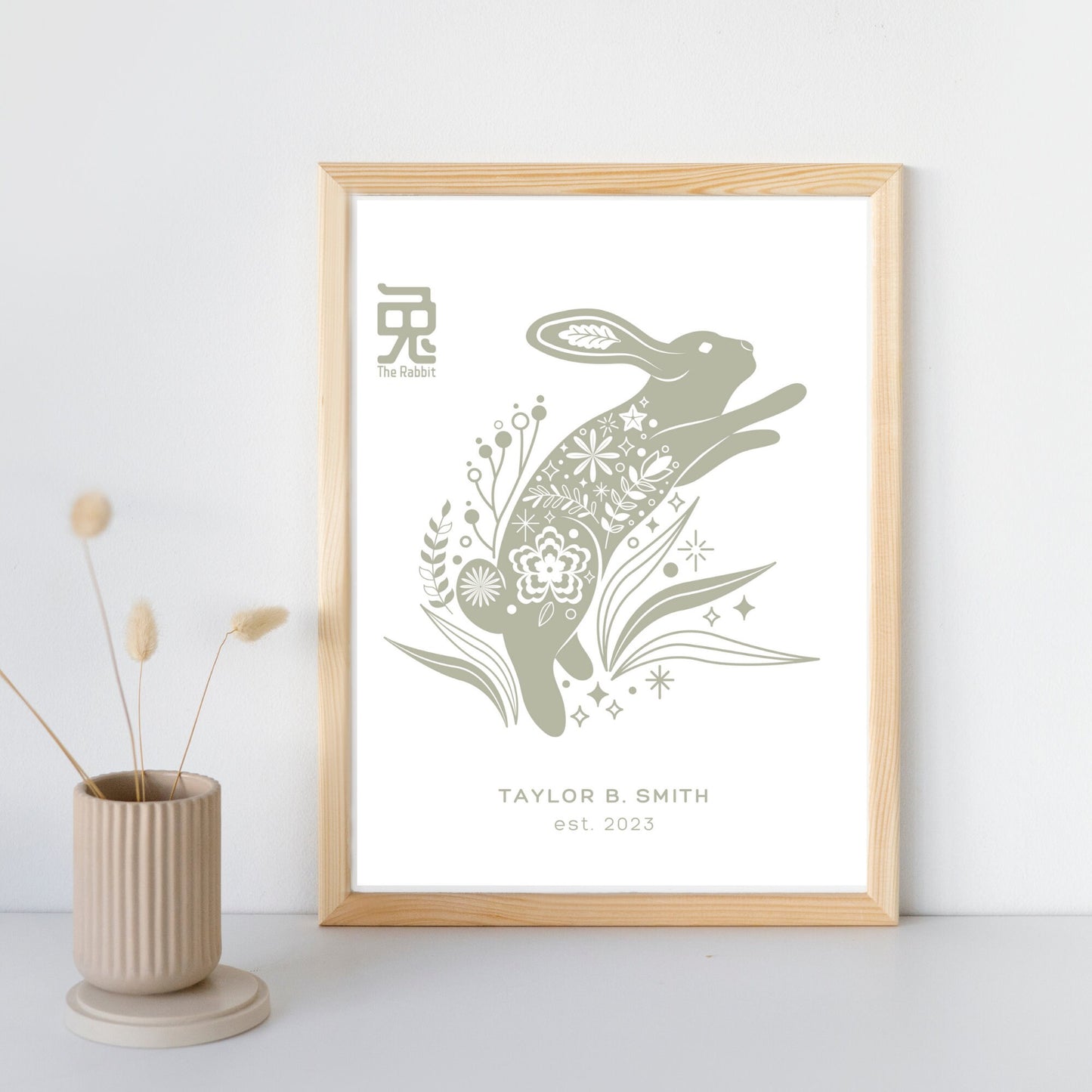 Year of the Rabbit Personalized Wall Art Print, Keepsake Baby Gift, Chinese Zodiac Custom Name Art, Custom Nursery Decor, Baby Name Print