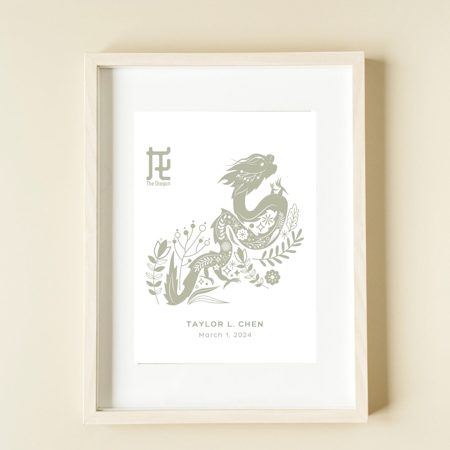 Year of the Dragon Personalized Wall Art Print, Keepsake Baby Gift, Chinese Zodiac Custom Name Art, Custom Nursery Decor, Baby Name Print