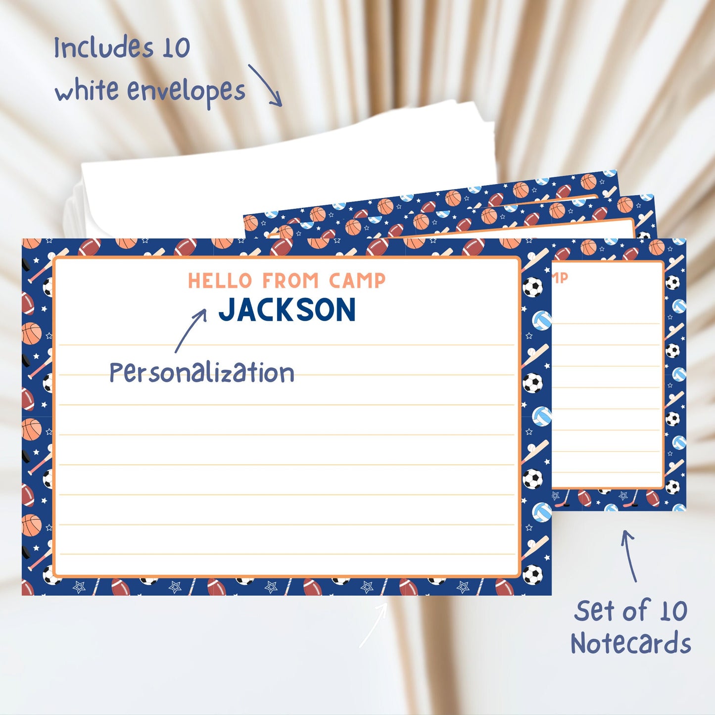 Personalized Summer Camp Stationary for Boys, Sports-themed lined Summer Camp Notecards, Camp Letters for Summer Camp Care Package