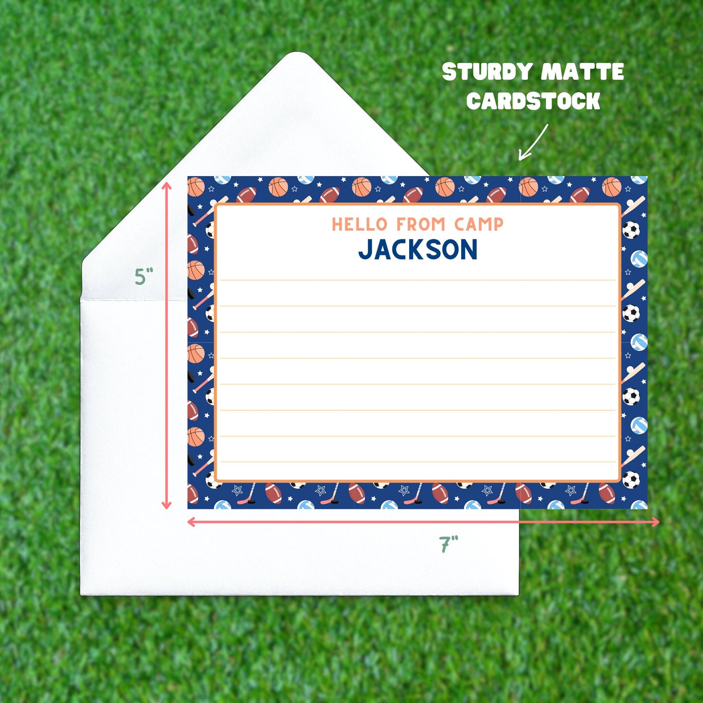Personalized Summer Camp Stationary for Boys, Sports-themed lined Summer Camp Notecards, Camp Letters for Summer Camp Care Package