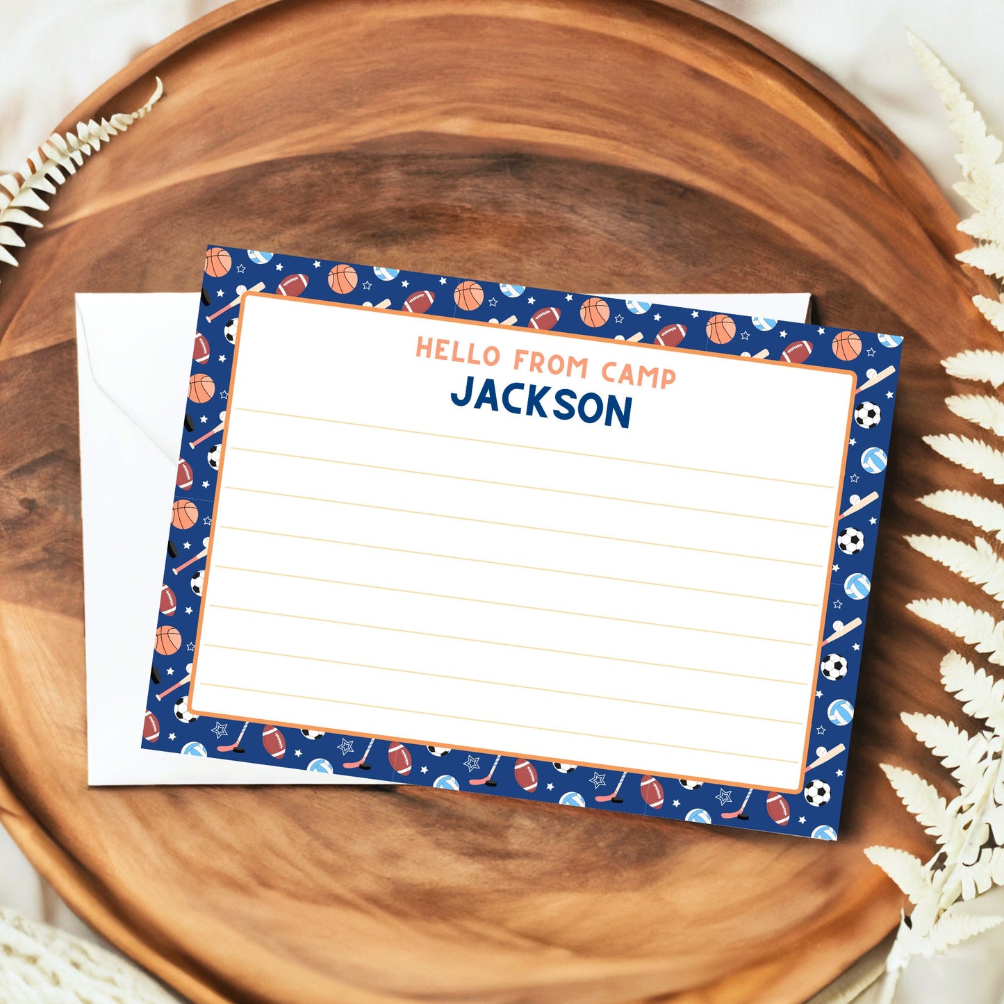 Personalized Summer Camp Stationary for Boys, Sports-themed lined Summer Camp Notecards, Camp Letters for Summer Camp Care Package