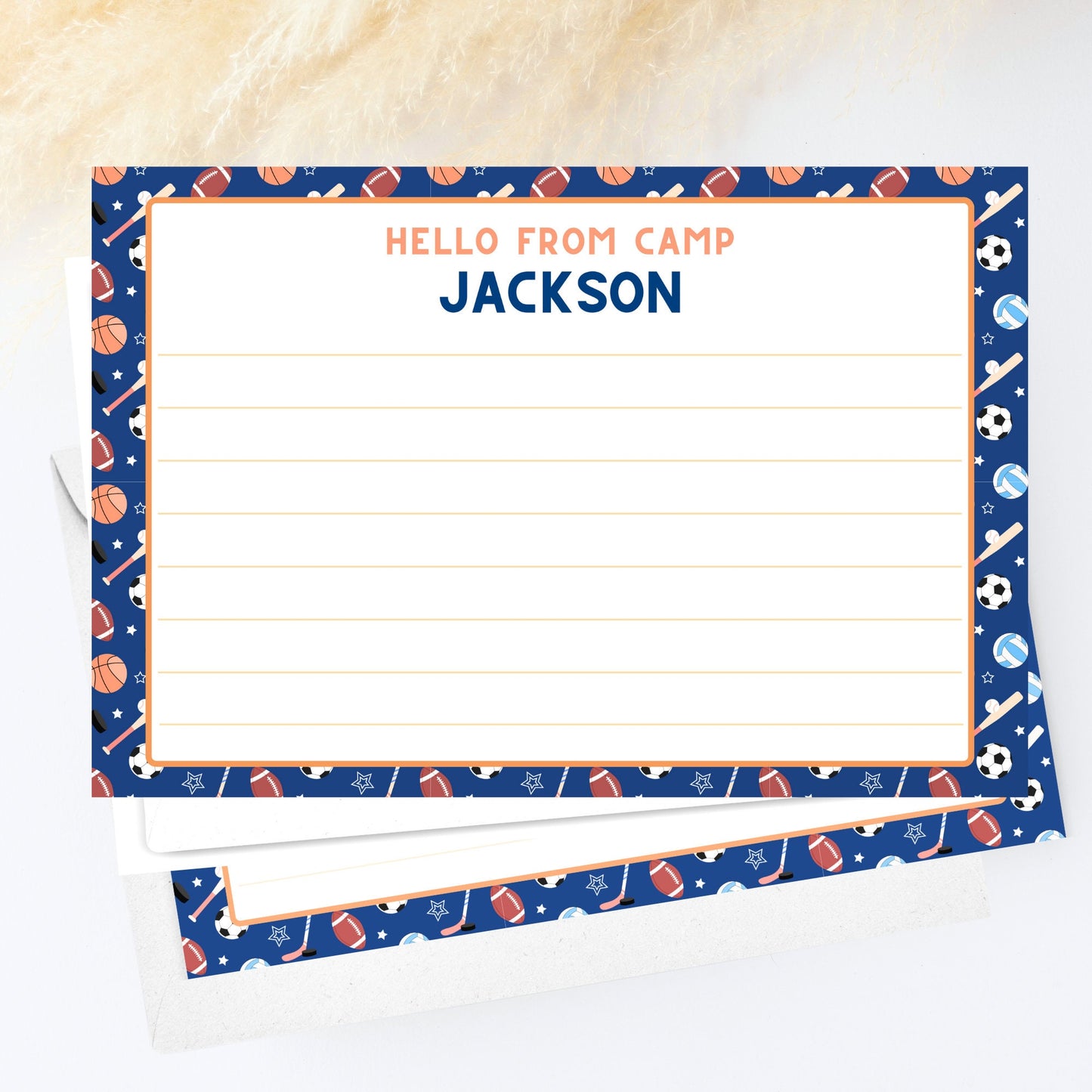 Personalized Summer Camp Stationary for Boys, Sports-themed lined Summer Camp Notecards, Camp Letters for Summer Camp Care Package